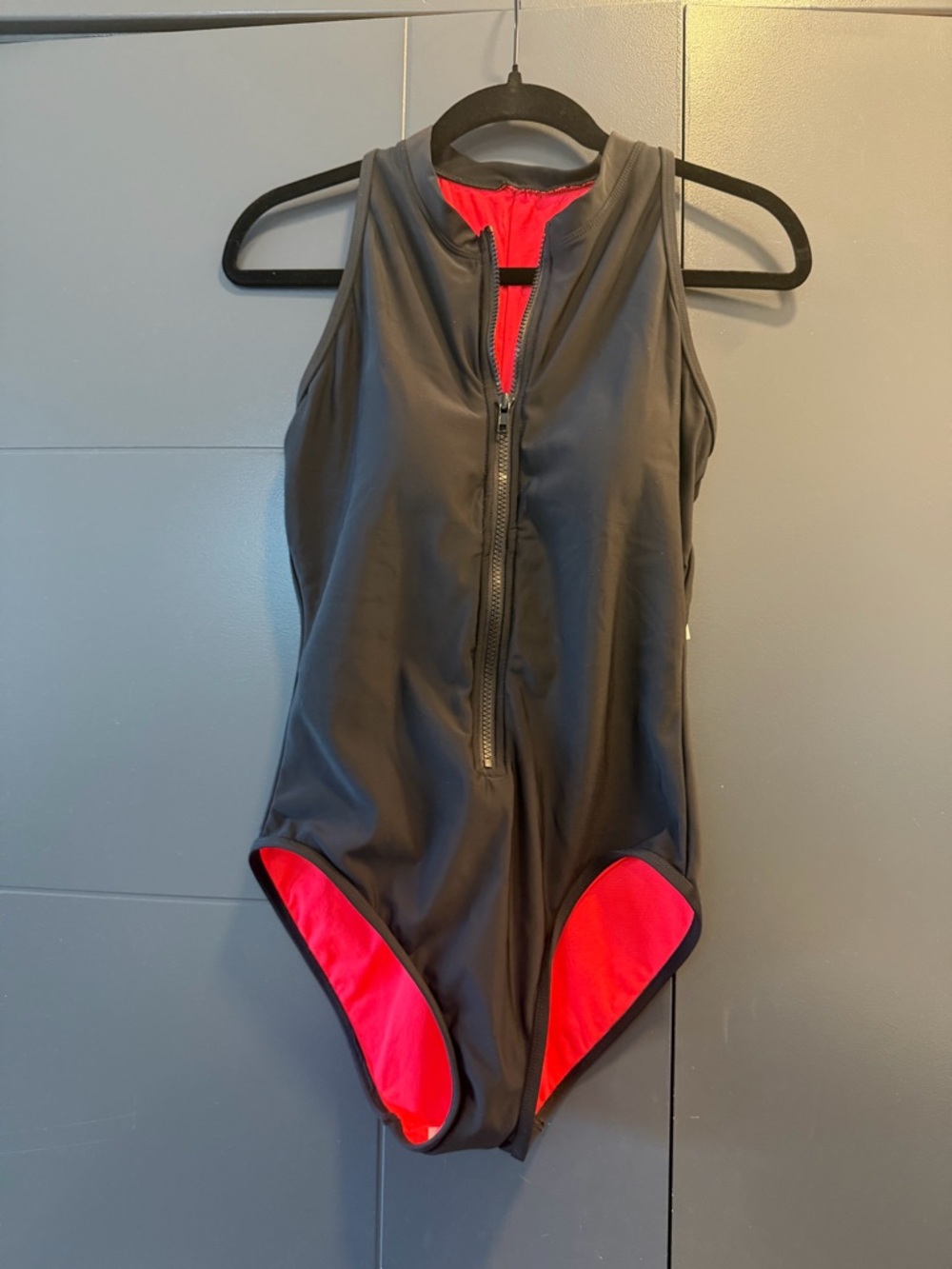 NWT Black One-Piece Swimsuit with Pink Lining and Front Zip